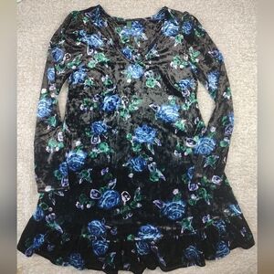 Wild Fable Floral Velvet Dress with Blue and Green Roses Medium